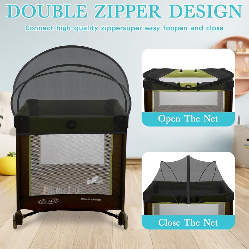 jiangcha Pack N Play Tent Cover - Bassinet Cover for Pack N Play/Travel Crib/Mini Crib/Playpen, Bassinet Mosquito Net Cover with Two-Way Zippers (Black-Large) - Image 4